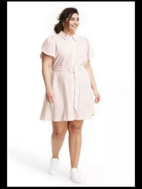 Alexis x Target Dress 4X Linen Striped Tulip Sleeve Shirtdress Pink White Mini
